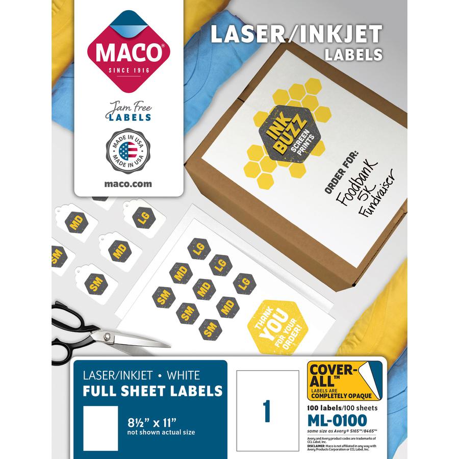 MACO White Laser/Ink Jet Full Sheet Label - 8 1/2" Width x 11" Length - Rectangle - Laser, Inkjet - White - 100 / Box - Lignin-free. Picture 3