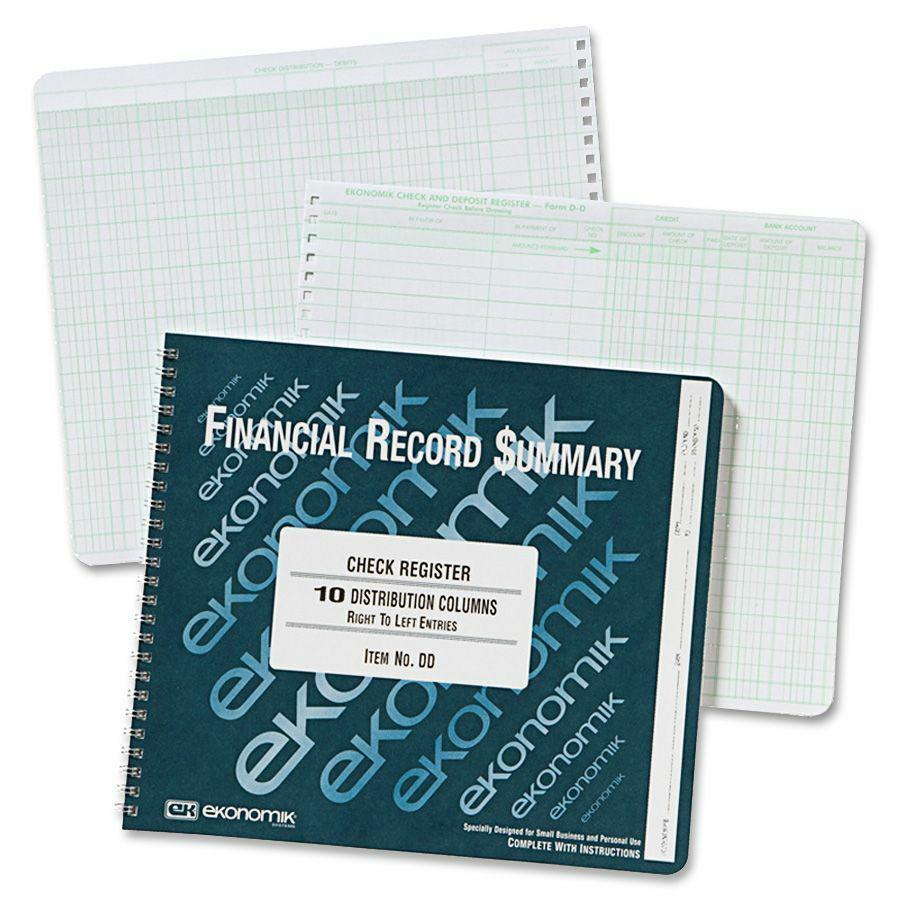 Ekonomik Check Register Forms - 40 Sheet(s) - Wire Bound - 10" x 8.75" Sheet Size - 10 Columns per Sheet - White Sheet(s) - Green Print Color - Recycled - 1 Each. Picture 2