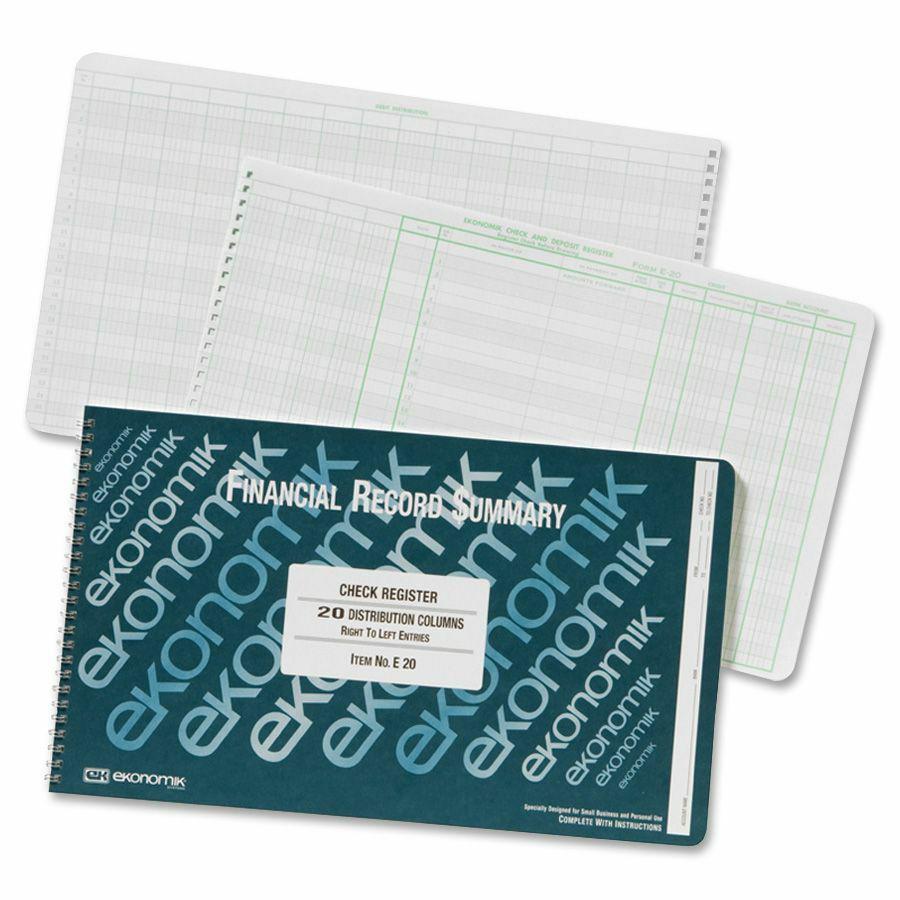 Ekonomik Financial Record Summary Check Register - 40 Sheet(s) - Wire Bound - 14.75" x 8.75" Sheet Size - 20 Columns per Sheet - White Sheet(s) - Green Print Color - Recycled - 1 Each. Picture 2