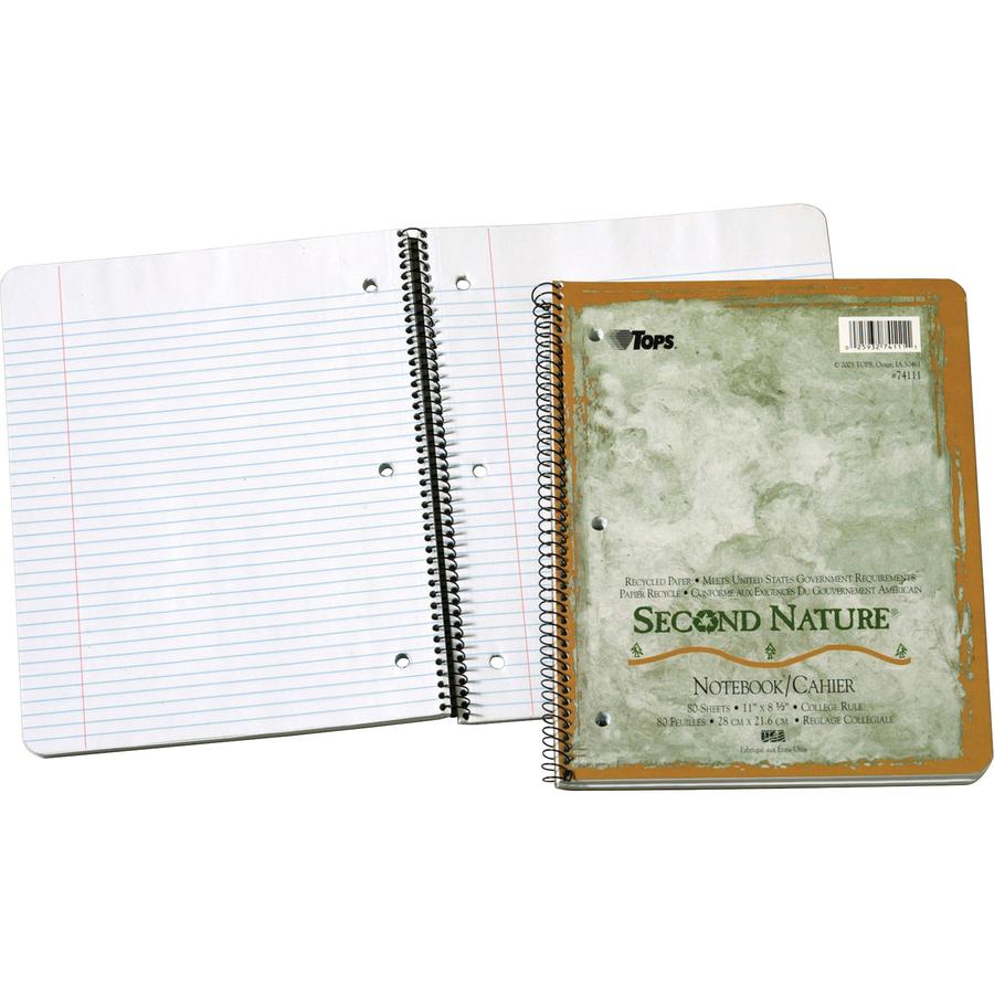 TOPS Second Nature College Rule Spiral Notebooks - Letter - 80 Sheets - Coilock - 8 1/2" x 11" - White Paper - Subject - Recycled - 1 Each. Picture 2