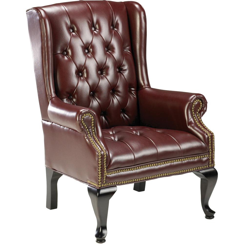 Lorell Berkeley Series Queen Anne Wing-Back Reception Chair - Burgundy Vinyl Seat - Mahogany Hardwood Frame - Four-legged Base - Oxblood - Wood - 1 Each. Picture 2