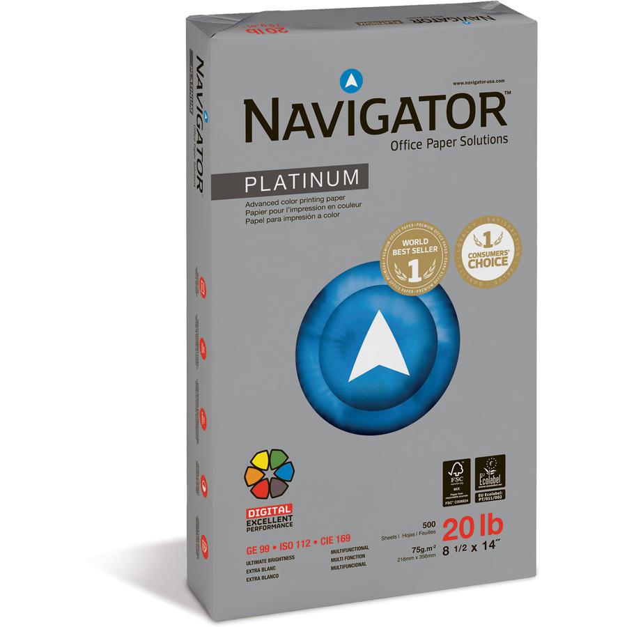 Navigator Platinum Office Multipurpose Paper - 99 Brightness - Legal - 8 1/2" x 14" - 20 lb Basis Weight - Smooth - 5000 / Carton - Chlorine-free - Bright White. Picture 3