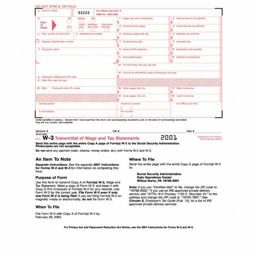 TOPS Continuous W-3 Transmittal of Wage Form - 2 Part - Carbon Copy - 9.50" x 11" Sheet Size - White Sheet(s) - 10 / Pack. Picture 2