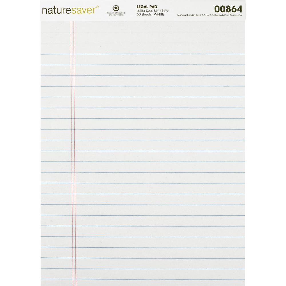 Nature Saver Recycled Legal Ruled Pads - 50 Sheets - 0.34" Ruled - 15 lb Basis Weight - 8 1/2" x 11 3/4" - White Paper - Perforated, Stiff-back, Easy Tear, Back Board - Recycled - 1 / Dozen. Picture 2