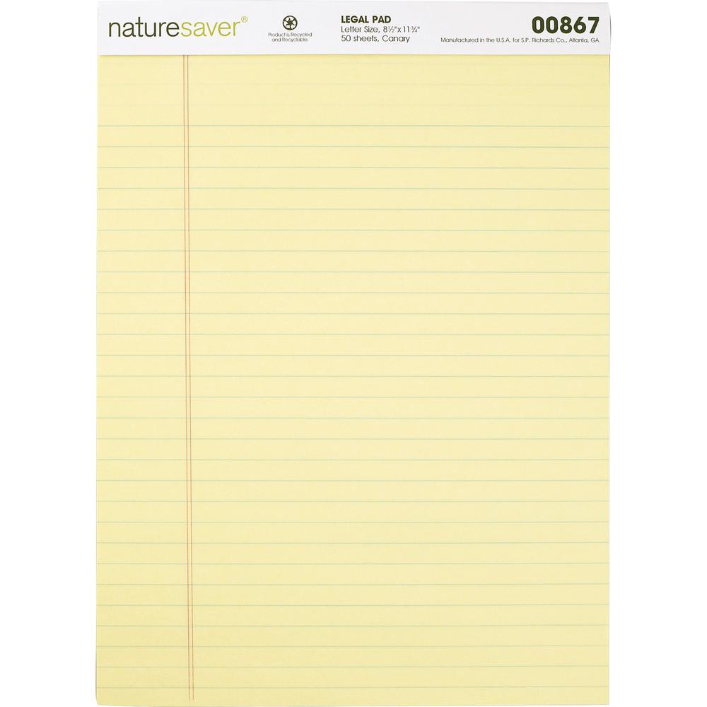 Nature Saver 100% Recycled Canary Legal Ruled Pads - 50 Sheets - 0.34" Ruled - 15 lb Basis Weight - 8 1/2" x 11 3/4" - Canary Paper - Perforated, Stiff-back, Back Board, Easy Tear - Recycled - 1 Dozen. Picture 2