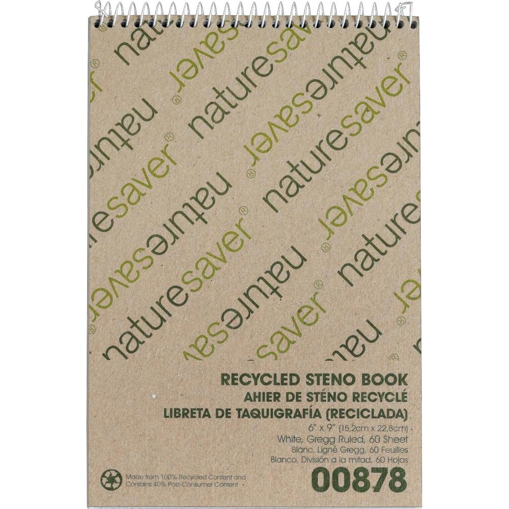 Nature Saver Recycled Steno Book - 60 Sheets - Spiral - 6" x 9" - White Paper - Chipboard Cover - Back Board - Recycled - 1 Each. Picture 2