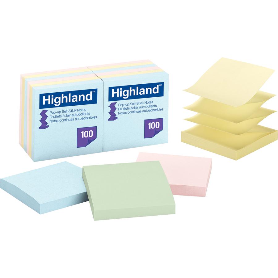 Highland Self-sticking Pastel Pop-up Notepads - 1200 - 3" x 3" - Square - 100 Sheets per Pad - Unruled - Assorted Pastel - Paper - Pop-up, Self-adhesive, Repositionable, Removable - 12 / Pack. Picture 2