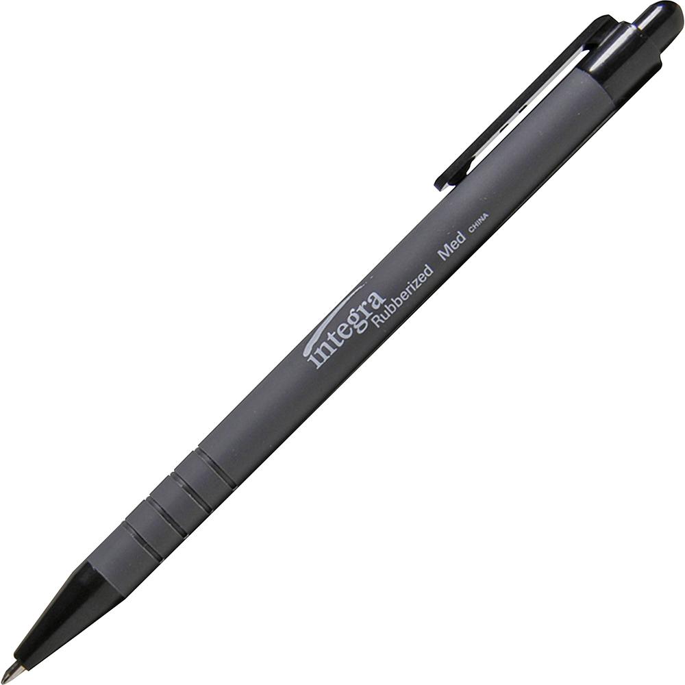 Integra Rubber Barrel Retractable Ballpoint Pens - Medium Pen Point - 1 mm Pen Point Size - Retractable - Black - Rubber Barrel - 1 Dozen. Picture 2