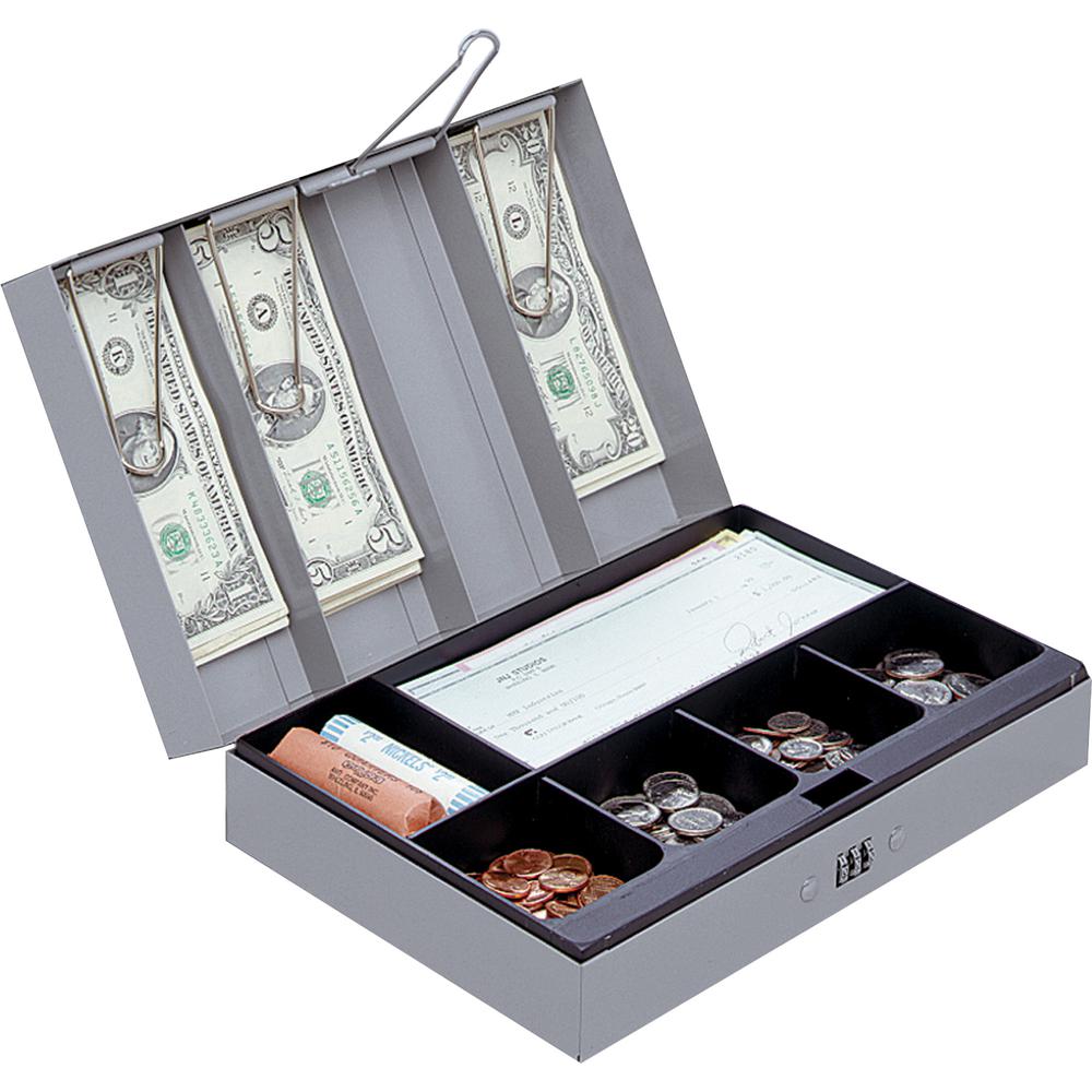 Sparco Steel Combination Lock Steel Cash Box - 6 Coin - Steel - Gray - 3.2" Height x 11.5" Width x 7.8" Depth. Picture 3