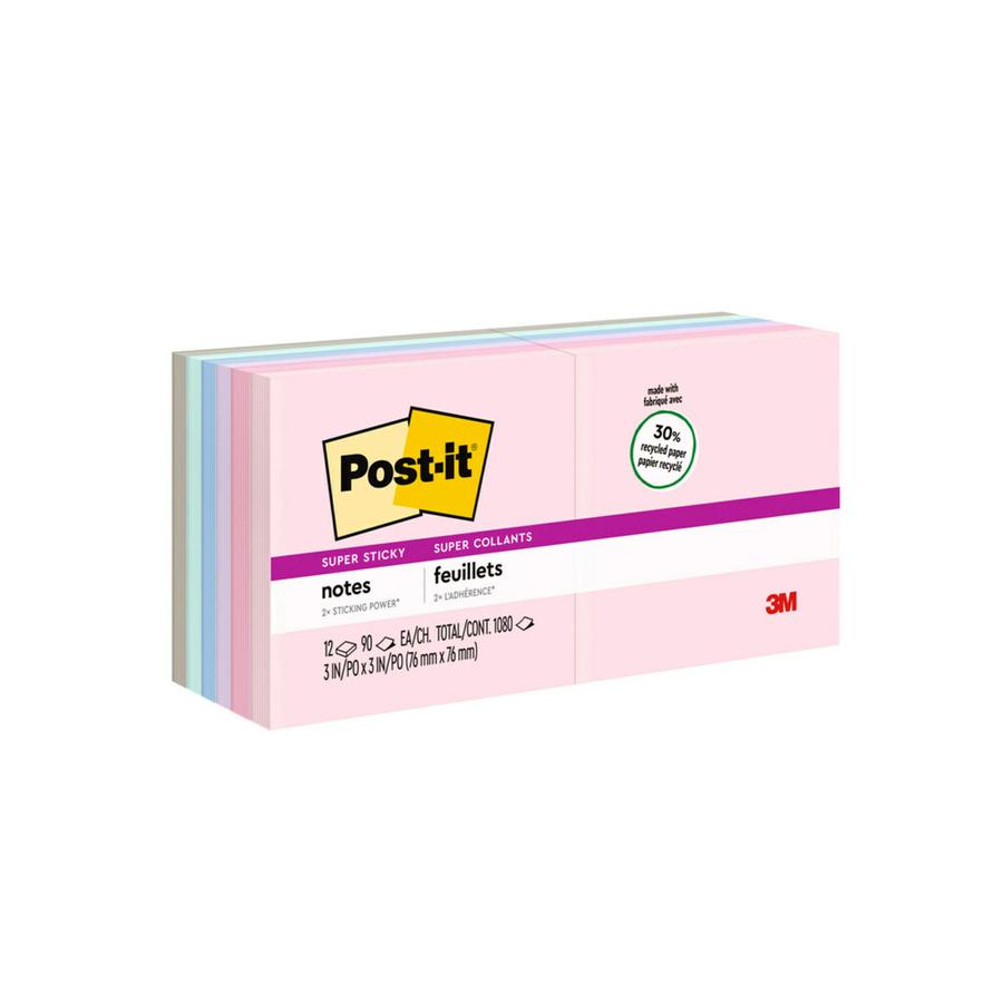Post-it&reg; Super Sticky Recycled Notes - Wanderlust Pastels Color Collection - 1080 - 3" x 3" - Square - 90 Sheets per Pad - Unruled - Pink Salt, Positively Pink, Orchid Frost, Fresh Mint, Pebble Gr. Picture 4