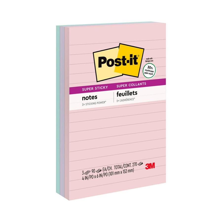 Post-it&reg; Super Sticky Lined Recycled Notes - Wanderlust Pastels Color Collection - 270 - 4" x 6" - Rectangle - 90 Sheets per Pad - Ruled - Pink Salt, Orchid Frost, Fresh Mint - Paper - 3 / Pack - . Picture 3