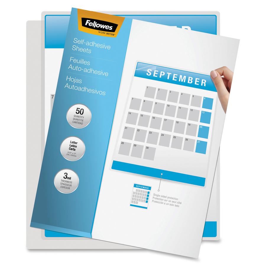 Fellowes Self Adhesive Laminating Sheets - Sheet Size Supported: Letter - Laminating Pouch/Sheet Size: 9.25" Width x 3 mil Thickness - Type G - Glossy - for Document, Photo - Self-adhesive, Single Sid. Picture 2