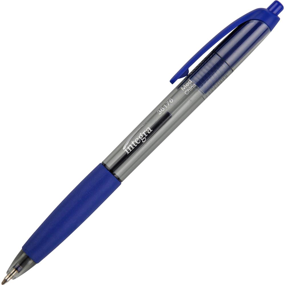 Integra Rubber Grip Retractable Pens - Medium Pen Point - 1 mm Pen Point Size - Retractable - Blue - Blue Barrel - 1 Dozen. Picture 2