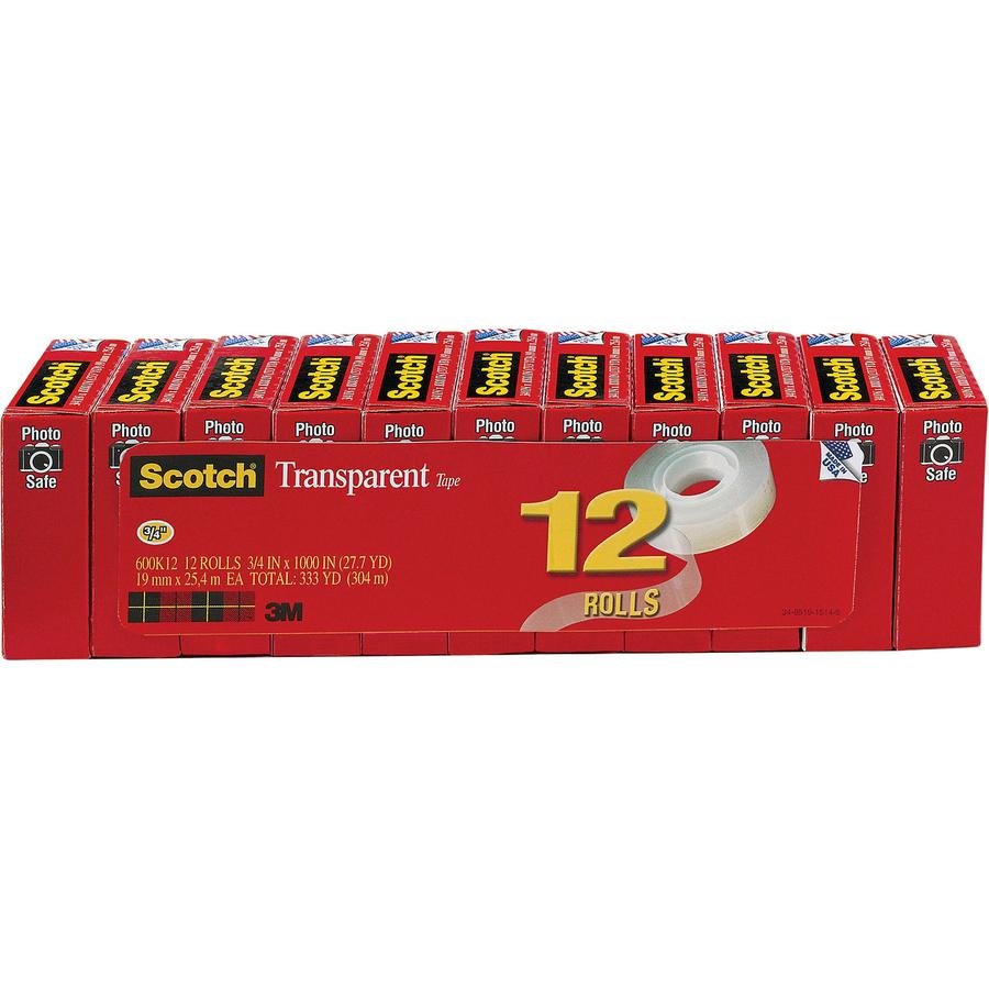 Scotch Transparent Tape - 3/4"W - 27.78 yd Length x 0.75" Width - 1" Core - Moisture Resistant, Stain Resistant, Long Lasting - For Wrapping, Sealing, Mending, Label Protection - 12 / Pack - Clear. Picture 4