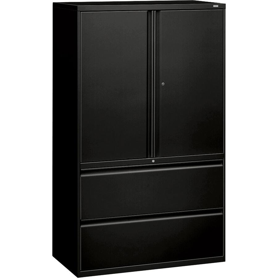 HON 800 Series Wide Lateral File with Storage Cabinet - 2-Drawer - 42" x 19.3" x 67" - 2 x Shelf(ves) - 2 x Drawer(s) for File - 2 x Side Open Door(s) - Legal, Letter - Lateral - Security Lock - Black. Picture 3