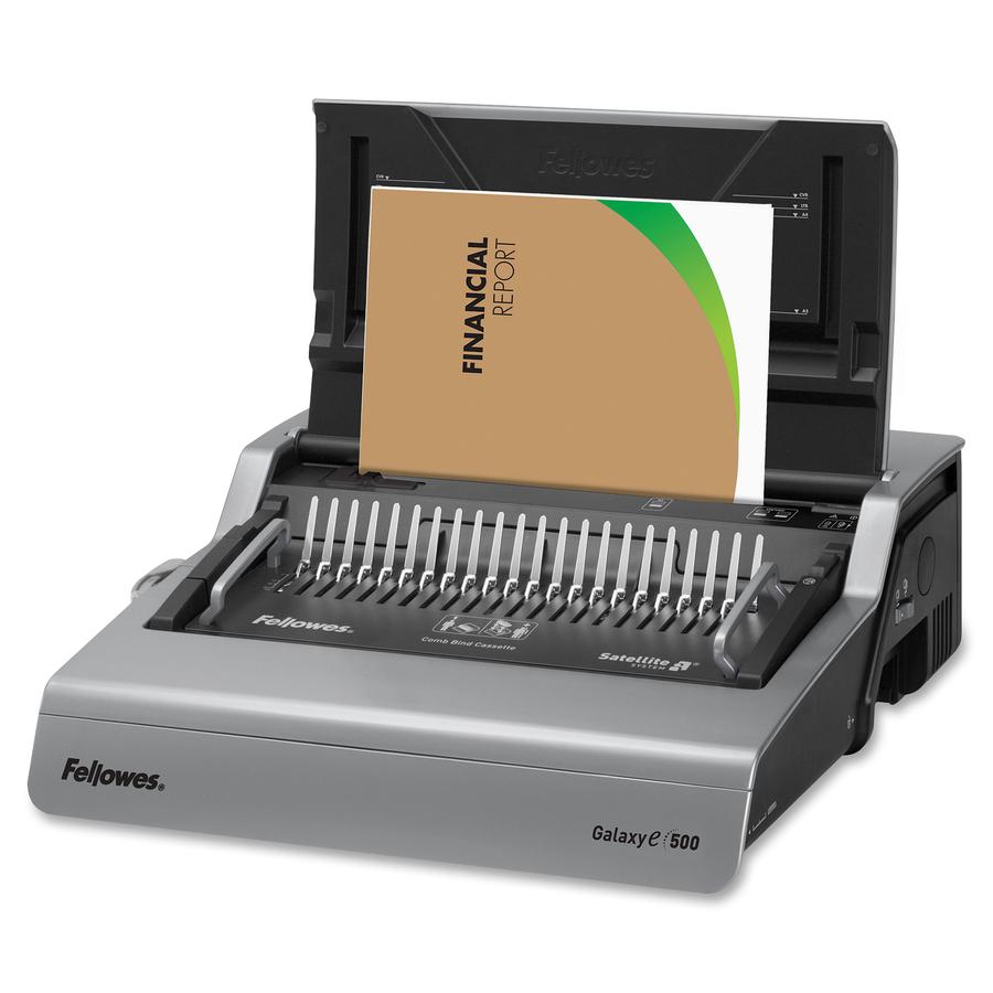 Fellowes Galaxy-E&trade; 500 Electric Comb Binding Machine w/ Starter Kit - CombBind - 500 Sheet(s) Bind - 28 Punch - Letter - 6.5" x 19.6" x 17.8" - Metallic Silver, Black. Picture 2