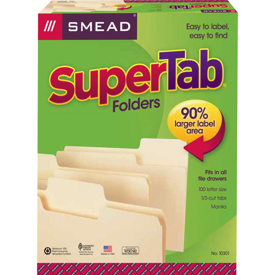Smead SuperTab 1/3 Tab Cut Letter Recycled Top Tab File Folder - 8 1/2" x 11" - 3/4" Expansion - Top Tab Location - Assorted Position Tab Position - Manila - Manila - 10% Recycled - 100 / Box. Picture 6
