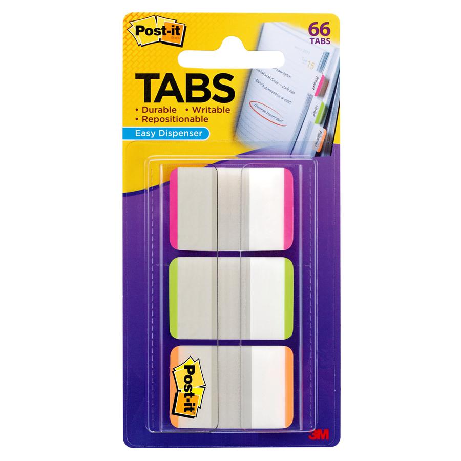 Post-it&reg; Durable Tabs - 66 Write-on Tab(s) - 1.50" Tab Height - Pink, Green, Orange Tab(s) - Repositionable - 66 / Pack. Picture 5