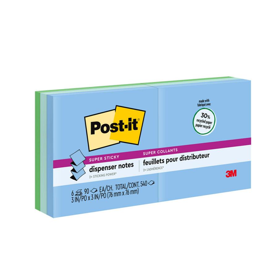 Post-it&reg; Super Sticky Dispenser Notes - Oasis Color Collection - 540 - 3" x 3" - Square - 90 Sheets per Pad - Unruled - Aqua Wave, Neptune Blue, Orchid - Paper - Self-adhesive, Pop-up - 6 / Pack -. Picture 6