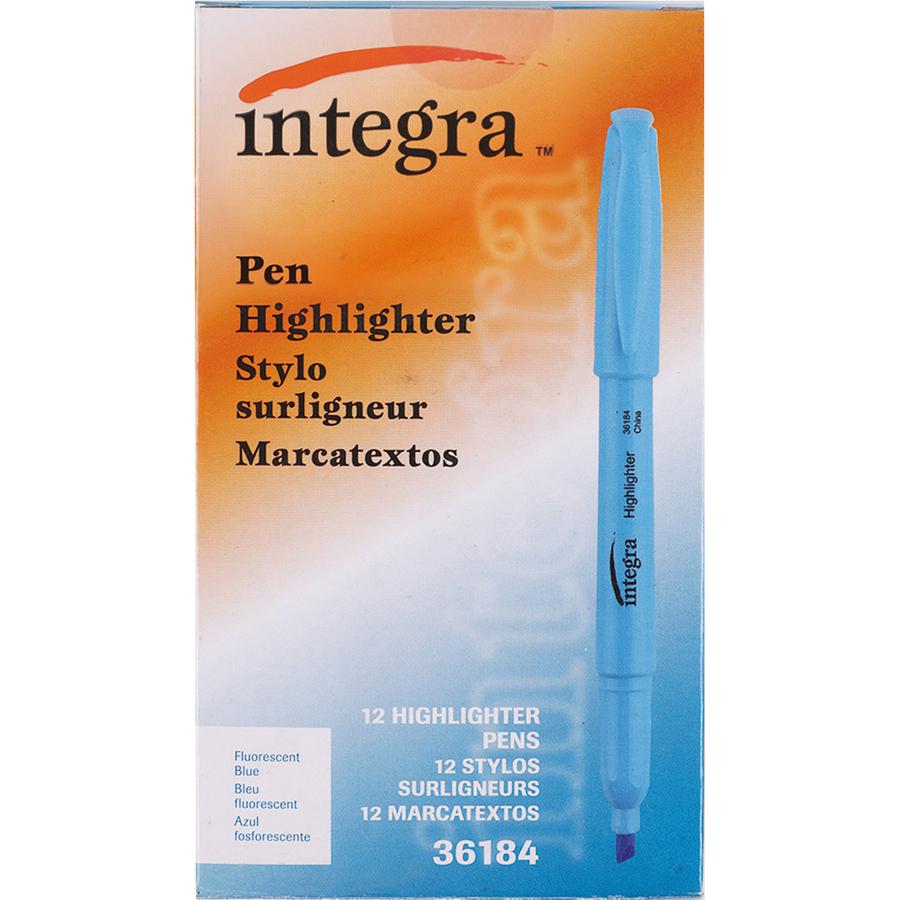 Integra Pen Style Fluorescent Highlighters - Chisel Marker Point Style - Fluorescent Blue - 1 Dozen. Picture 4