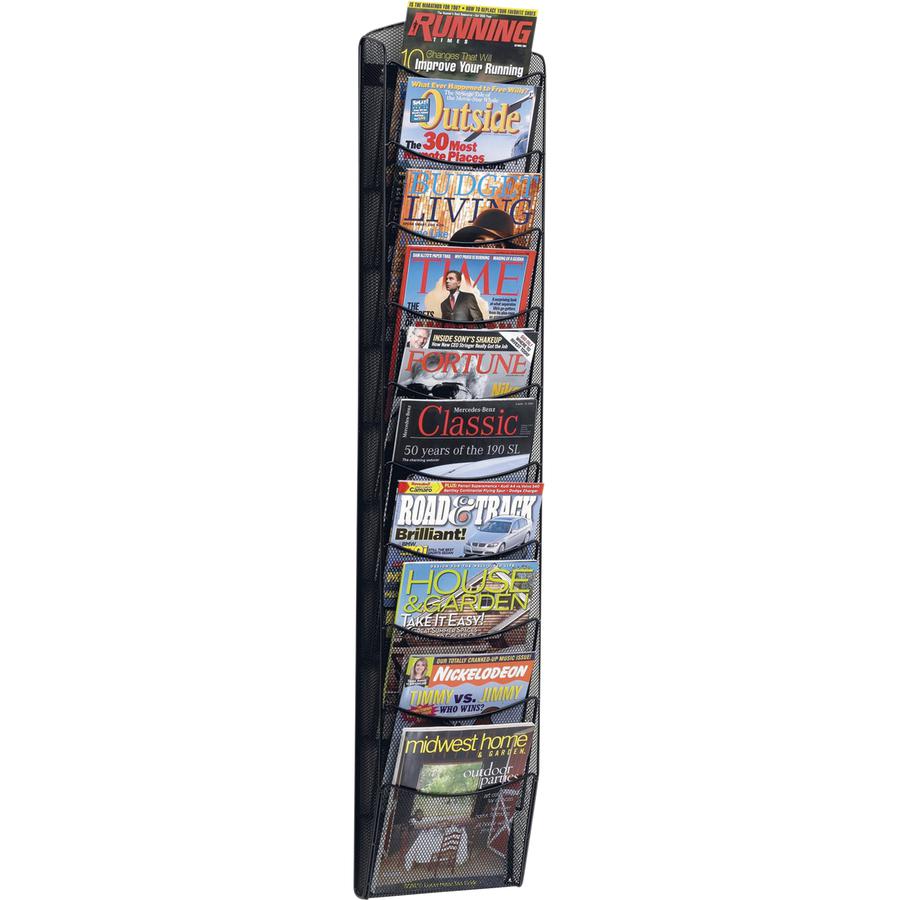 Safco 10-pocket Onyx Mesh Literature Rack - 10 Pocket(s) - 50.8" Height x 10.3" Width x 3.5" Depth - Wall Mountable - Powder Coated - Black - Steel - 1 Each. Picture 2
