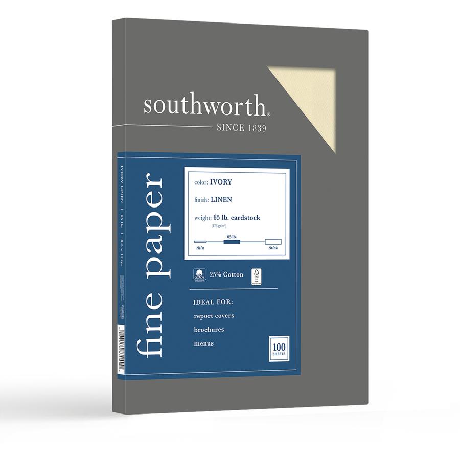 Southworth 25% Cotton Linen Business Cover Stock - Letter - 8 1/2" x 11" - 65 lb Basis Weight - Linen, Textured - 100 / Box - FSC. Picture 2
