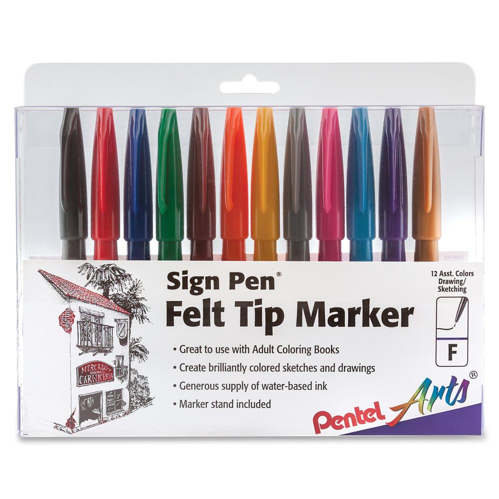 Pentel Arts Fiber-tipped Sign Pens - Bold Pen Point - Assorted Water Based Ink - Black Barrel - Fiber Tip - 12 / Pack. Picture 2