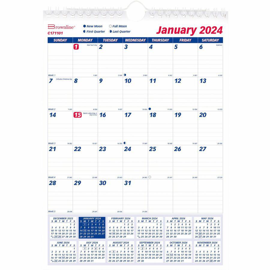 Brownline Ruled Block Wall Calendar - Professional - Julian Dates - Monthly - 1 Year - January 2024 - December 2024 - 1 Month Single Page Layout - 8" x 11" White Sheet - Twin Wire - White - Paper - 1 . Picture 7