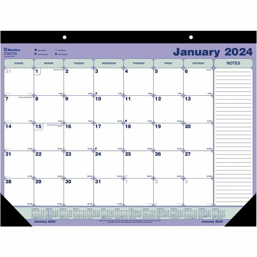 Blueline Monthly Desk/Wall Calendar 2024 - Monthly - 1 Year - January 2024 - December 2024 - 1 Month Single Page Layout - 21 1/4" x 16" Sheet Size - 2 x Holes - Desk Pad - White - Paper, Chipboard - H. Picture 7