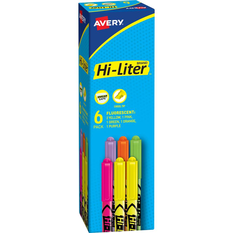 Avery&reg; Pen-Style Fluorescent Highlighters - Chisel Marker Point Style - Fluorescent Green, Fluorescent Orange, Fluorescent Pink, Fluorescent Purple, Fluorescent Yellow - 6 / Pack. Picture 3