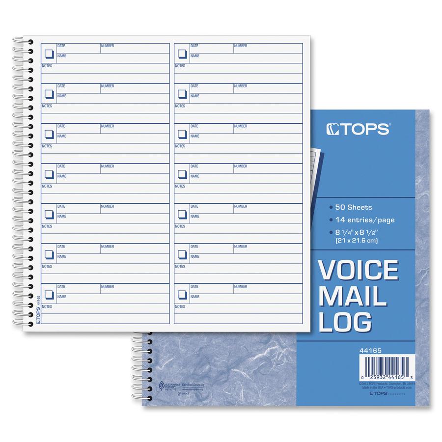 TOPS Voice Message Log Book - 50 Sheet(s) - 24 lb - Spiral Bound - 8.50" x 8.25" Sheet Size - White - Blue Print Color - 1 Each. Picture 4