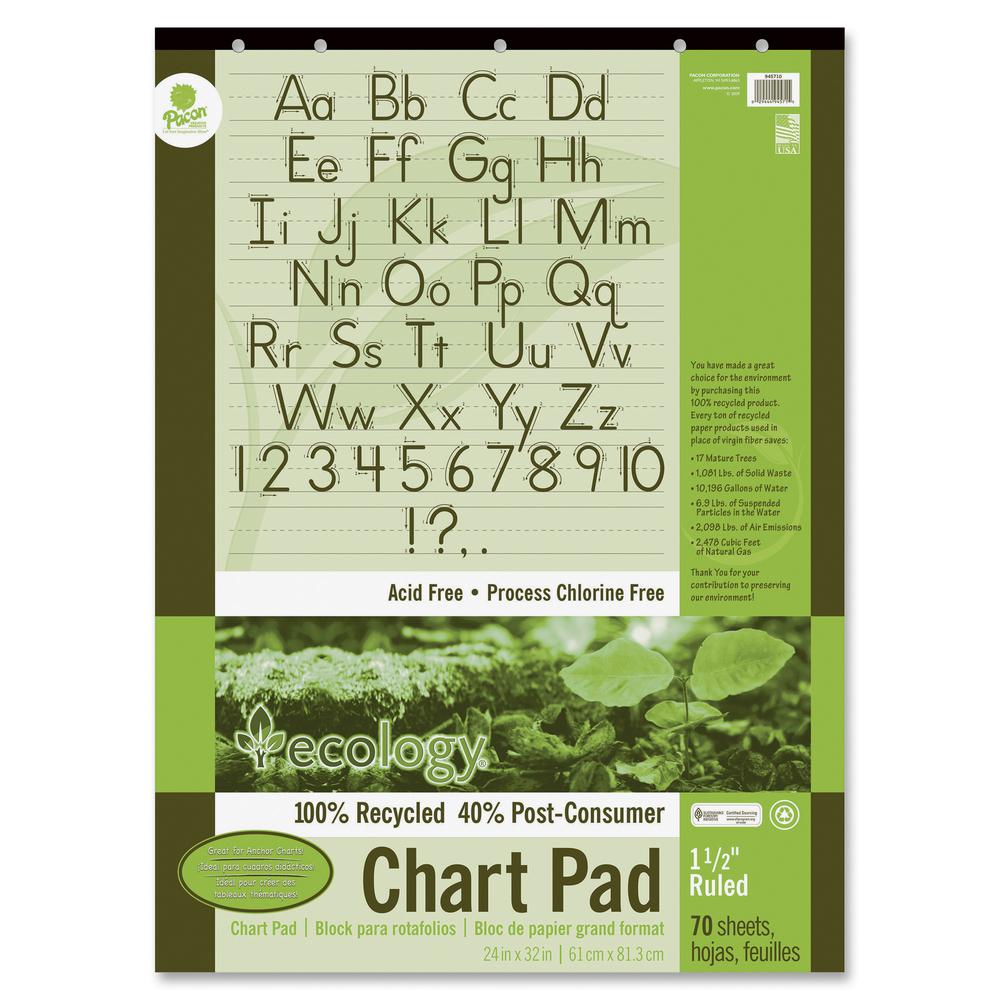 Decorol Recycled Chart Pad - 70 Sheets - Strip - Front Ruling Surface - Ruled - 1.50" Ruled - 24" x 32" - White Paper - Manuscript Cover - Eco-friendly, Acid-free, Padded, Tab, Chipboard Backing, Hole. Picture 2