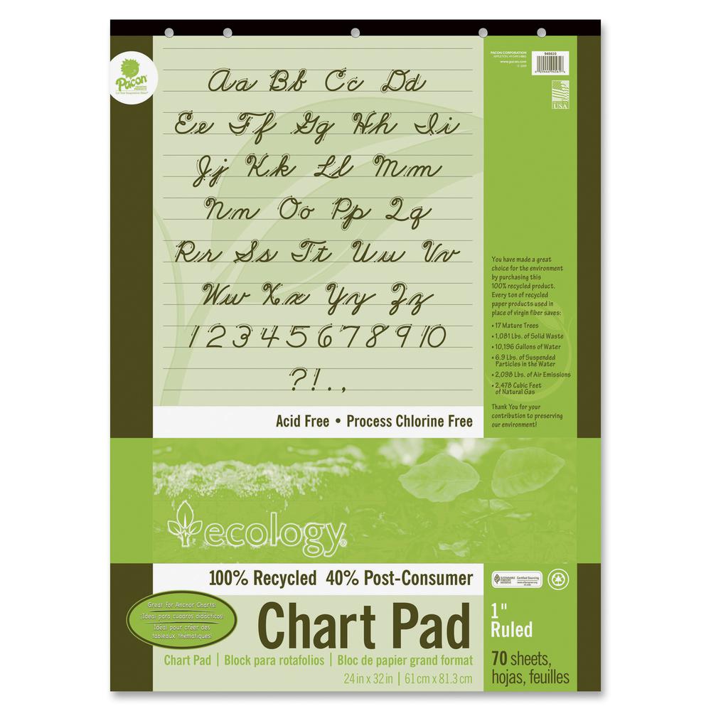 Decorol Recycled Chart Pad - 70 Sheets - Front Ruling Surface - Ruled - 1" Ruled - 24" x 32" - White Paper - Cursive Cover - Eco-friendly, Acid-free, Padded, Tab, Chipboard Backing, Hole-punched, Chlo. Picture 2