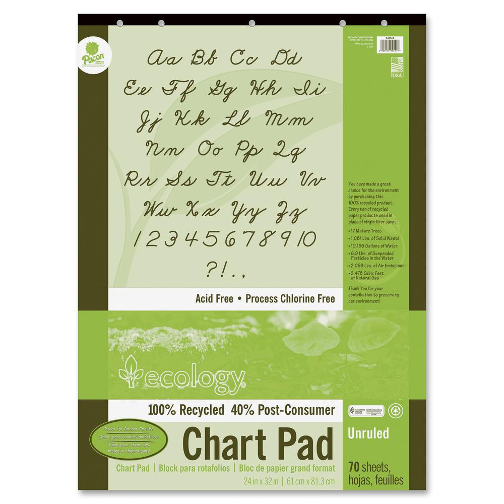 Decorol Recycled Chart Pad - 70 Sheets - Plain - Strip - Unruled - 24" x 32" - White Paper - Eco-friendly, Acid-free, Padded, Tab, Chipboard Backing, Hole-punched, Chlorine-free, Recyclable, Cursive A. Picture 2