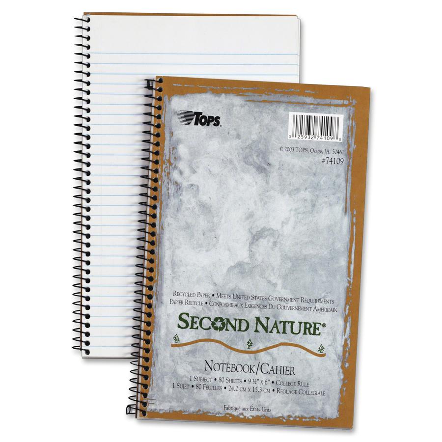 TOPS College-ruled Second Nature Notebook - 80 Sheets - Coilock - 15 lb Basis Weight - 6" x 9 1/2" - 0.23" x 6" x 9.5" - White Paper - Light Blue Cover - Perforated, Acid-free, Snag Resistant, Easy Te. Picture 2