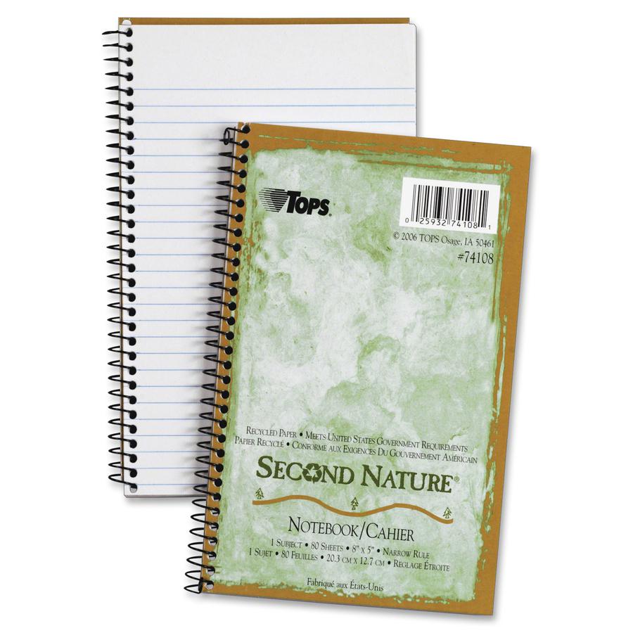Tops Second Nature 1-Subject Notebook - 80 Sheets - Wire Bound - 15 lb Basis Weight - 8" x 5" - White Paper - Green Cover - Perforated - Recycled - 1 Each. Picture 2