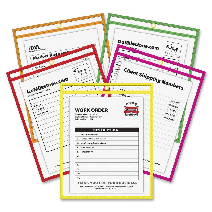 C-Line Neon Shop Ticket Holders, Stitched - Assorted, 5 Colors, Both Sides Clear, 9 x 12, 10/PK, 43920. Picture 2