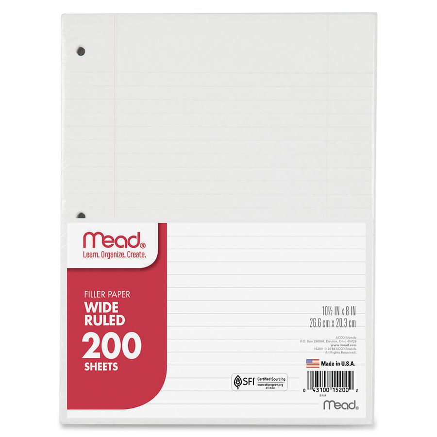 Mead 3-Hole Punched Wide-ruled Filler Paper - 200 Sheets - Ruled Red Margin - 8" x 10 1/2" - White Paper - 1 / Pack. Picture 2