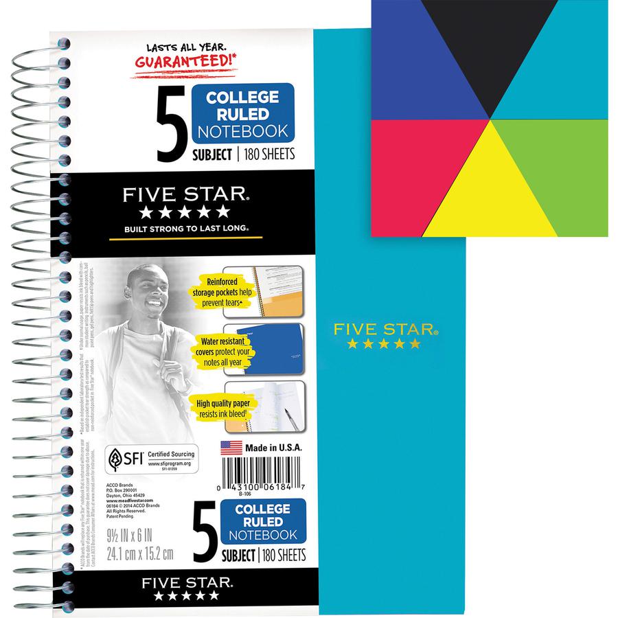 Five Star 5-Subject Notebook - Wire Bound - College Ruled - 6" x 9 1/2" - White Paper - Plastic Cover - Pocket Divider, Perforated, Subject - 1 Each. Picture 3