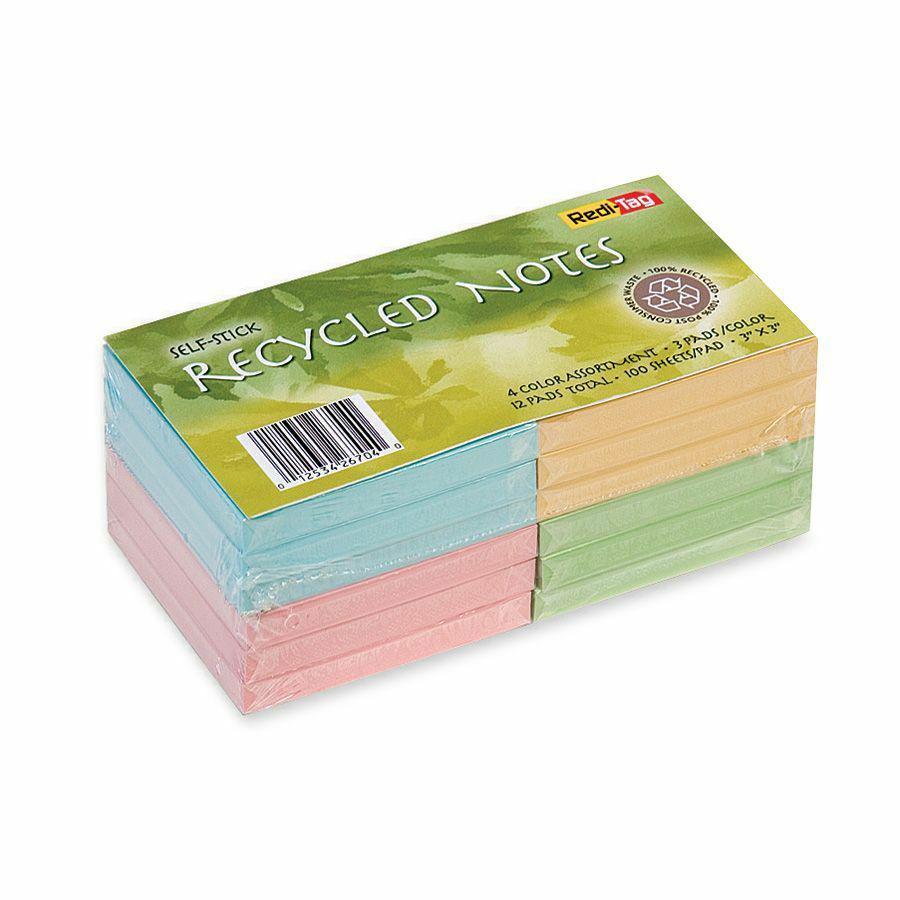 Redi-Tag Self-Stick Recycled Notes - 300 x Green, 300 x Pink, 300 x Yellow, 300 x Blue - 3" x 3" - Square - Self-adhesive - 12 / Pack - Recycled. Picture 2