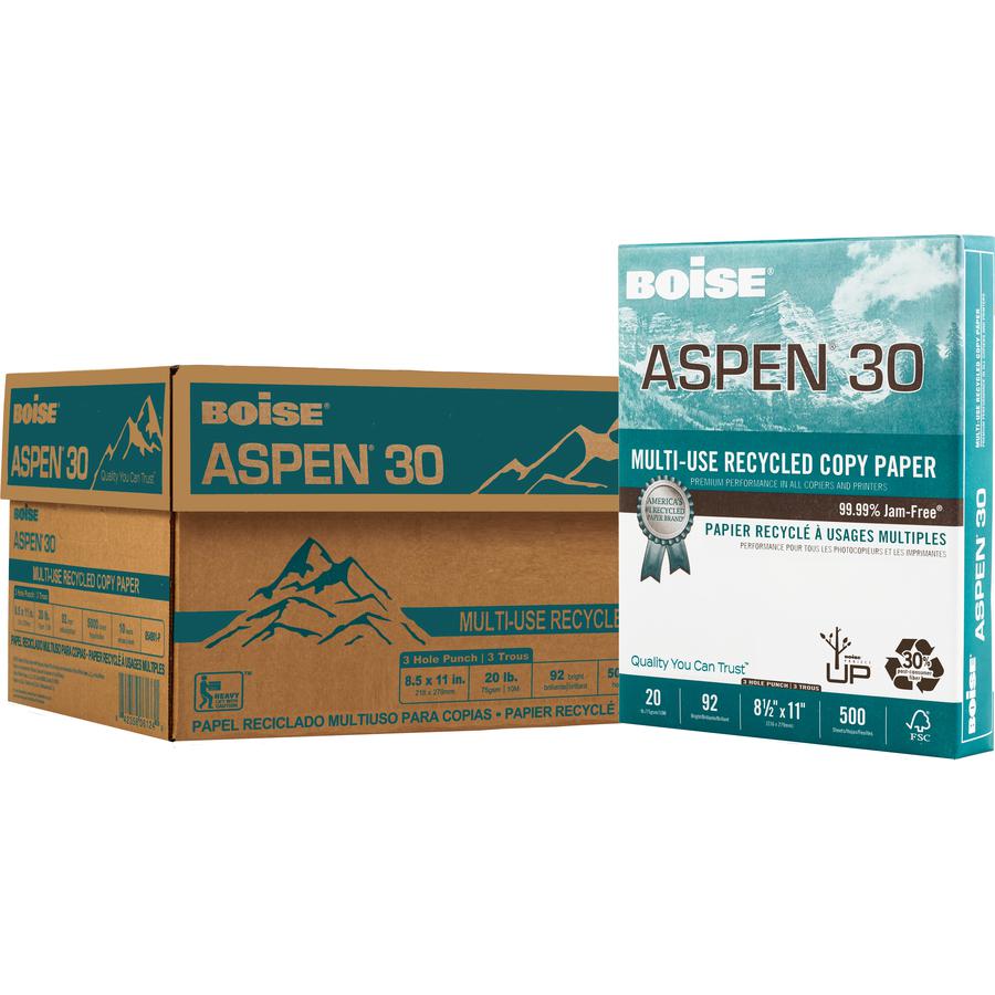 BOISE ASPEN 30% Recycled Multi-Use Copy Paper, 8.5" x 11" Letter, 3 Hole Punch, 92 Bright White, 20 lb., 10 Ream Carton (5,000 Sheets) - BOISE ASPEN 30% Recycled Multi-Use Copy Paper - Letter - 8 1/2". Picture 3