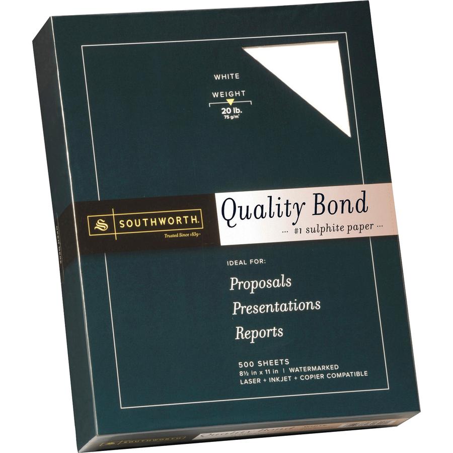 Southworth Quality Bond Paper - White - Letter - 8 1/2" x 11" - 20 lb Basis Weight - Wove - 500 / Ream - Watermarked, Acid-free, Date-coded - White. Picture 2