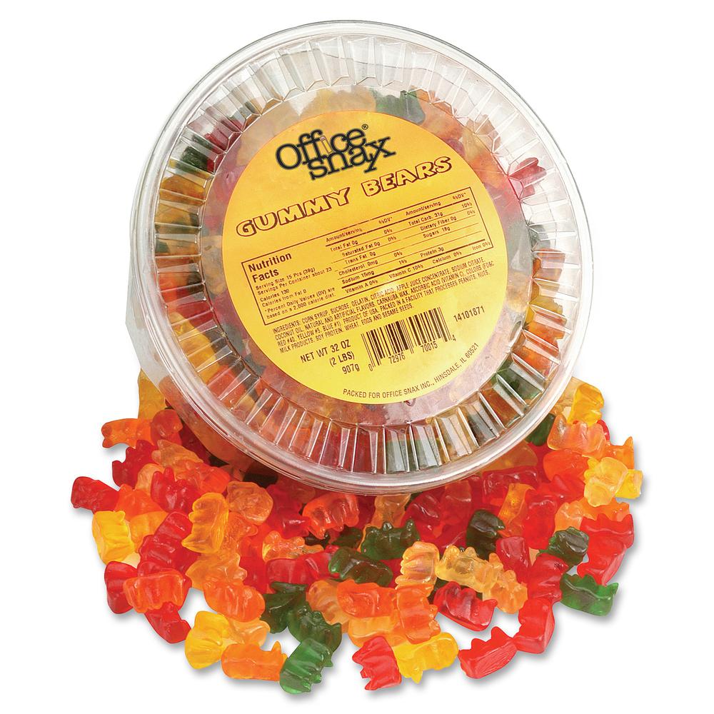 Office Snax Tub of Gummy Bears Candy - Assorted - Resealable Container - 2 lb - 1 Each Per Canister. Picture 2