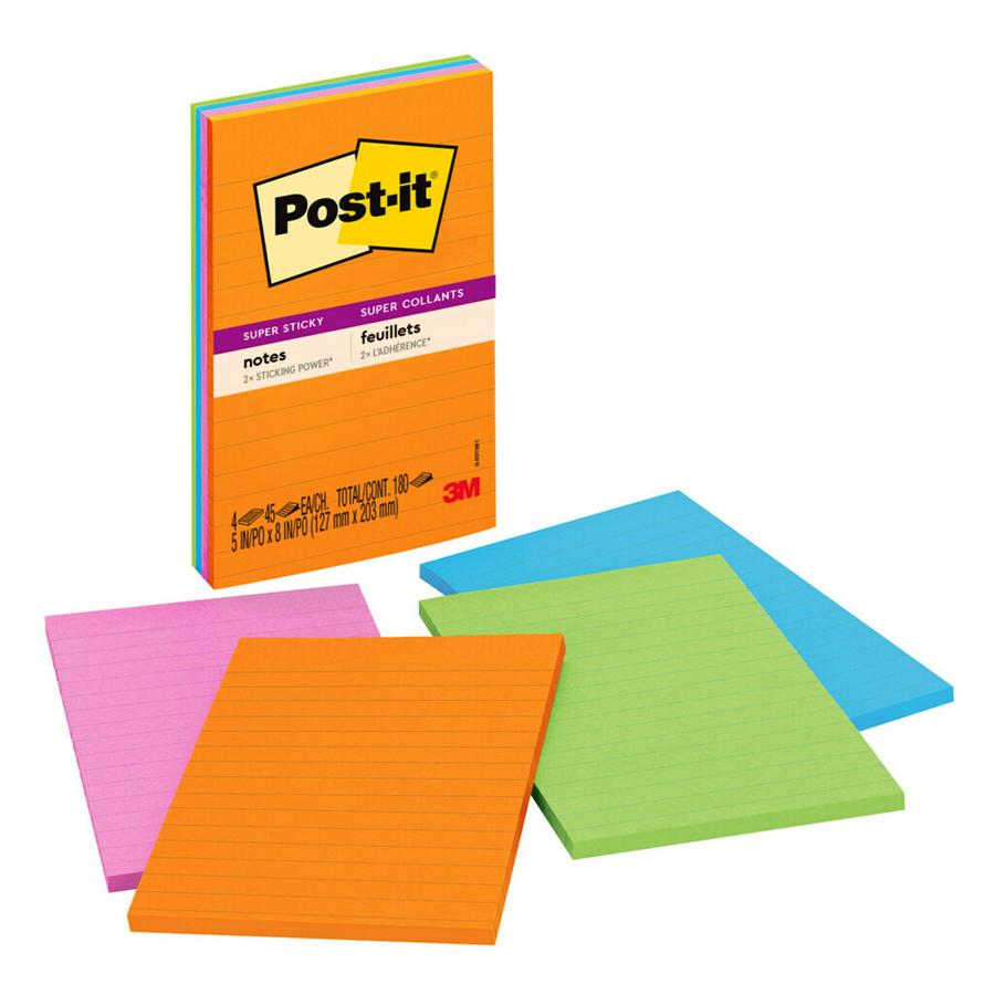 Post-it&reg; Super Sticky Notes - Energy Boost Color Collection - 180 - 4" x 6" - Rectangle - 45 Sheets per Pad - Ruled - Vital Orange, Tropical Pink, Blue Paradise, Limeade - Paper - Self-adhesive, R. Picture 10