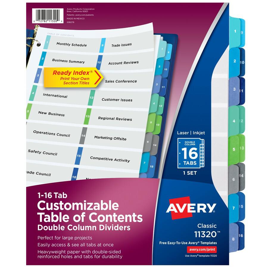Avery&reg; Two-Column Table Contents Dividers w/Tabs - 16 x Divider(s) - 1-16 - 16 Tab(s)/Set - 8.5" Divider Width x 11" Divider Length - 3 Hole Punched - White Paper Divider - Multicolor Paper Tab(s). Picture 3