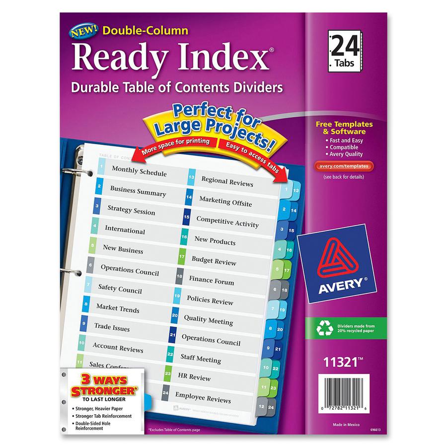 Avery&reg; Two-Column Table Contents Dividers w/Tabs - 24 x Divider(s) - 1-24 - 24 Tab(s)/Set - 8.5" Divider Width x 11" Divider Length - 3 Hole Punched - White Paper Divider - Multicolor Paper Tab(s). Picture 2