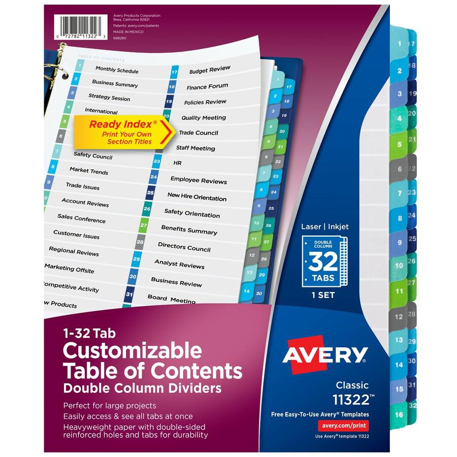 Avery&reg; Two-Column Table Contents Dividers w/Tabs - 32 x Divider(s) - 1-32 - 32 Tab(s)/Set - 8.5" Divider Width x 11" Divider Length - 3 Hole Punched - White Paper Divider - Multicolor Paper Tab(s). Picture 2