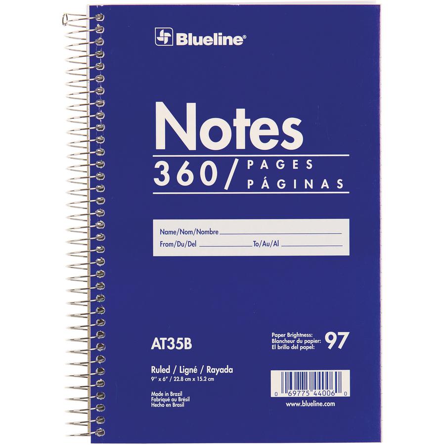 Blueline White Paper Wirebound Steno Pad - 360 Sheets - Spiral - Front Ruling Surface - 9" x 6" - White Paper - BlueCardboard Cover - Flexible Cover - 1 Each. Picture 2