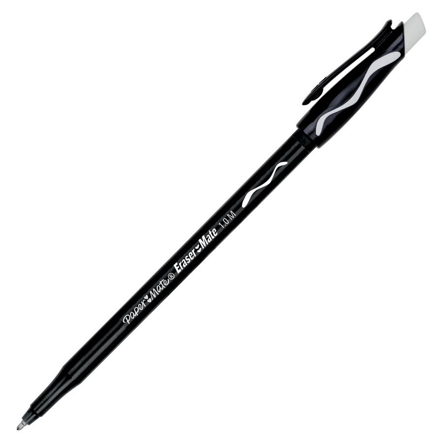 Paper Mate Erasermate Ballpoint Pens - Medium Pen Point - Retractable - Black - Black Barrel - 1 Dozen. Picture 4