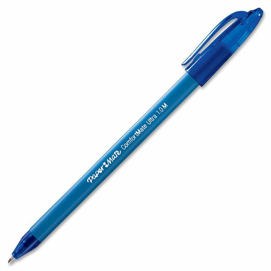 Paper Mate ComfortMate Triangular Ink Pens - Medium Pen Point - Blue - Blue Rubber Barrel - 1 Dozen. Picture 2